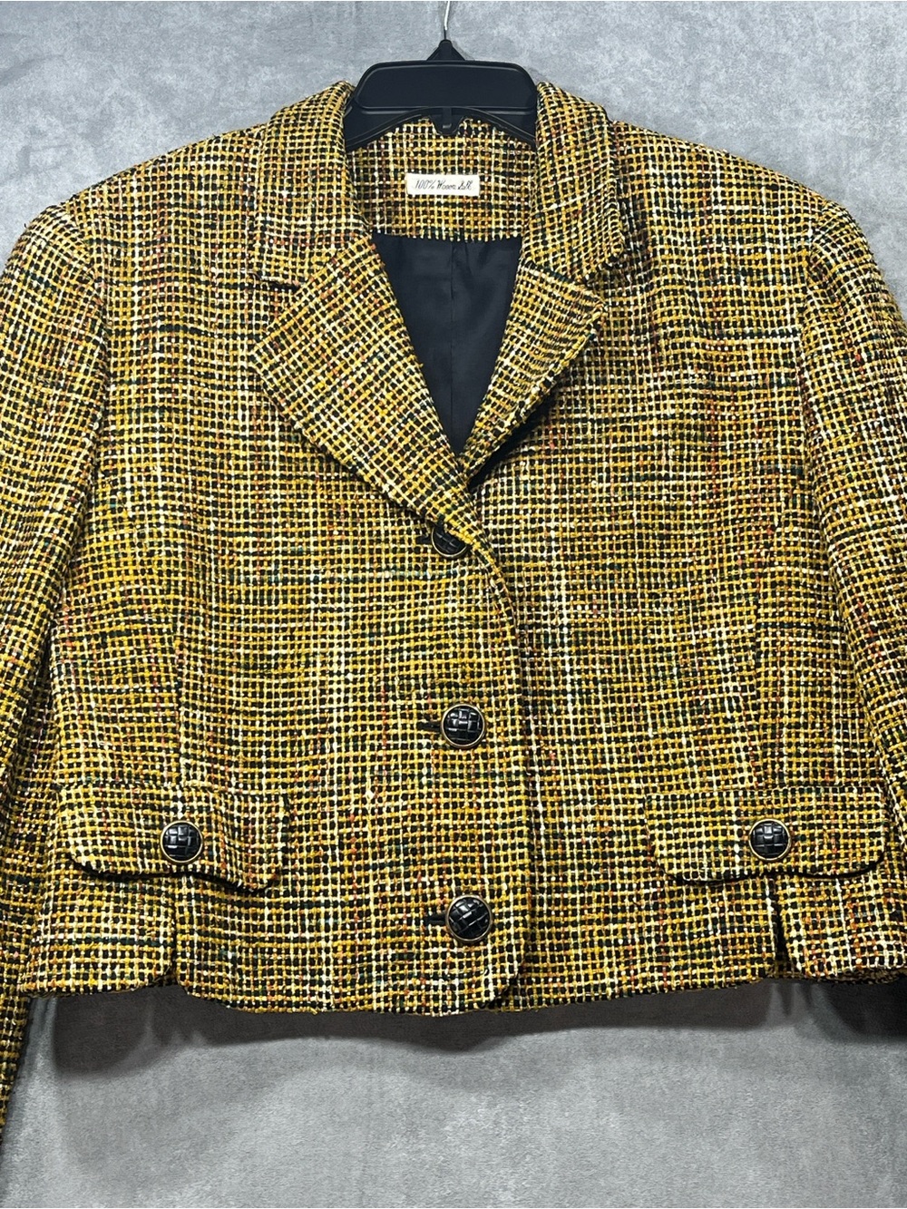 Ann May 100% Woven Silk Cropped Blazer Jacket Yellow Black Size 12